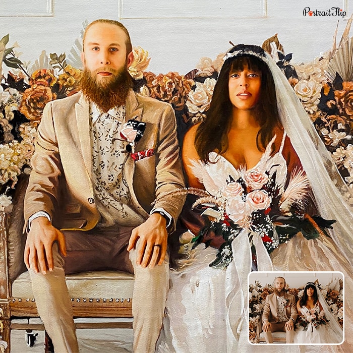 Acrylic painting of a bride and groom sitting on a couch surrounded by flowers